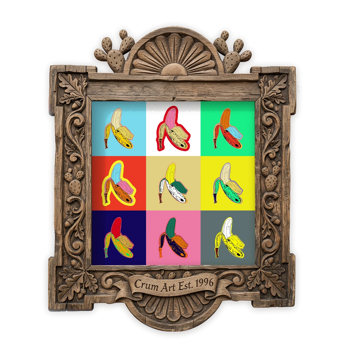 Banana Pop — maximalist wall art print by Betsy Crum in a square carved wood frame