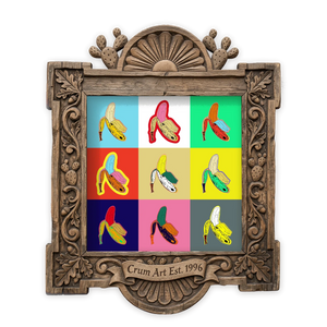 Banana Pop — maximalist wall art print by Betsy Crum in a square carved wood frame