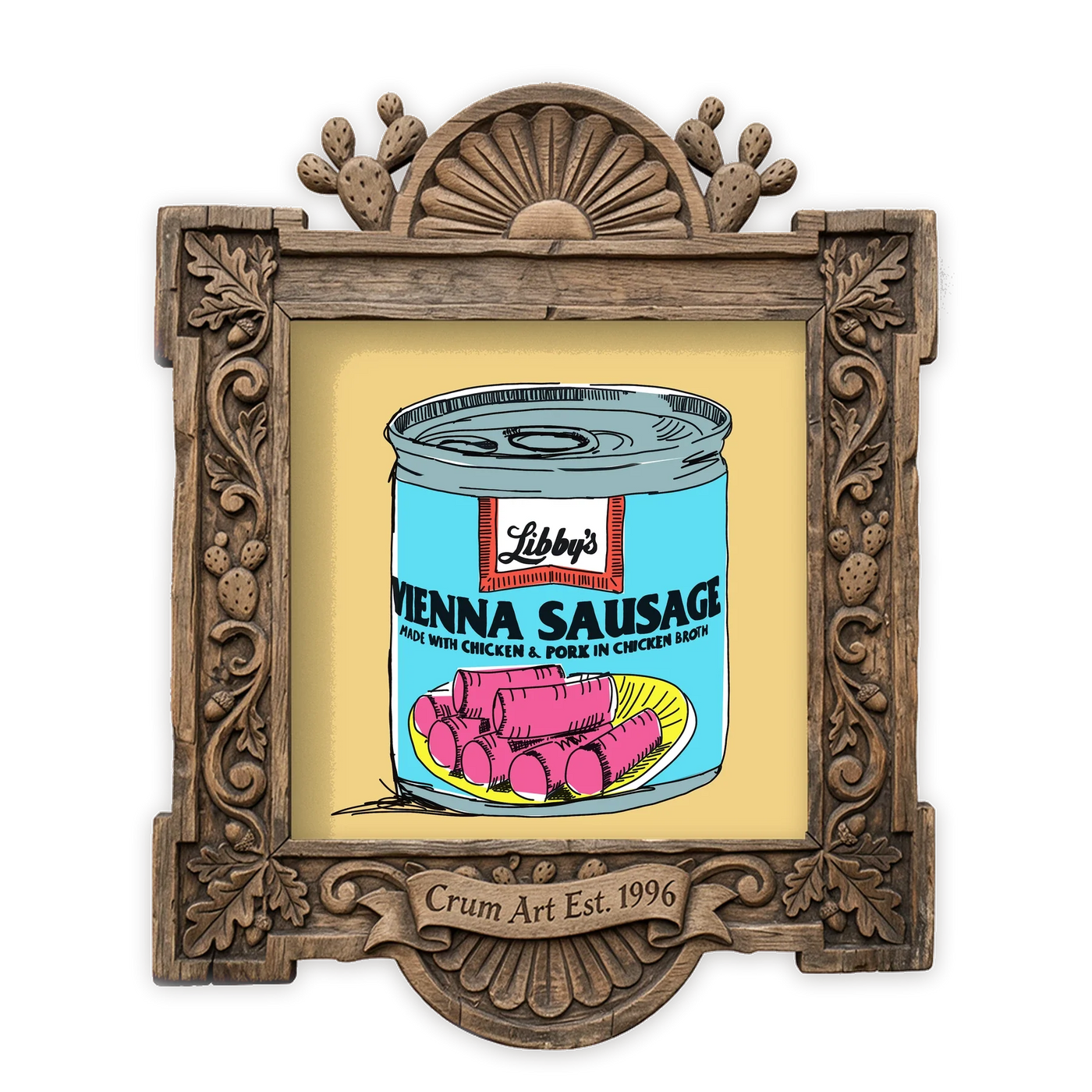 Vienna Sausage Weirdcore — kitchen art print by Betsy Crum in a square carved wood frame