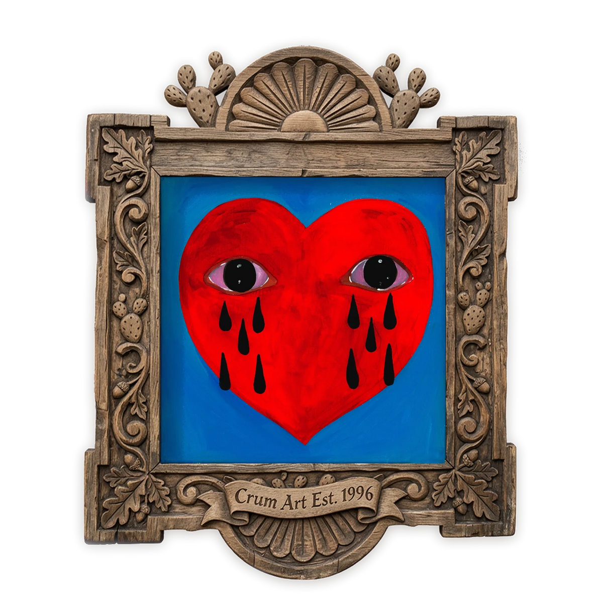 Crying Heart Folk — heart art print by Caya Crum in a square carved wood frame