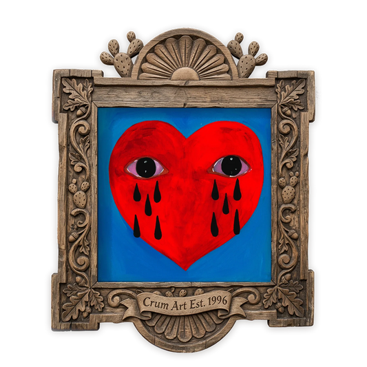 Crying Heart Folk — heart art print by Caya Crum in a square carved wood frame