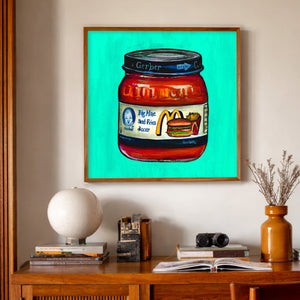 Weirdcore Fast Food Art Print by Caya Crum, inspired by corporate parody, a relabeled baby food jar, and the kind of bold food art that works in kitchens, bars, and gallery walls with a sense of humor and a taste for the uncanny, available at crumart.com. This museum quality print is made right here in Texas.