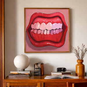 Weirdcore Wall Art by Caya Crum, inspired by hot pink lips, bared teeth, glam-punk color, and the kind of bold weird art that works as edgy pink wall decor, camp art, and statement gallery wall art, available at crumart.com. This museum quality print is made right here in Texas.