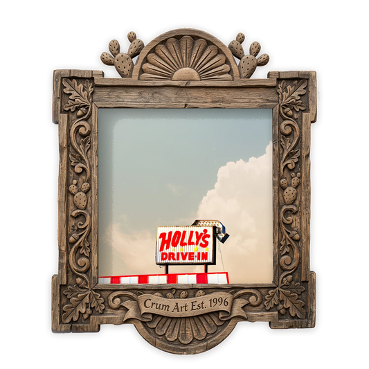 Holly's Drive In — West Texas art print by Betsy Crum in a square carved wood frame