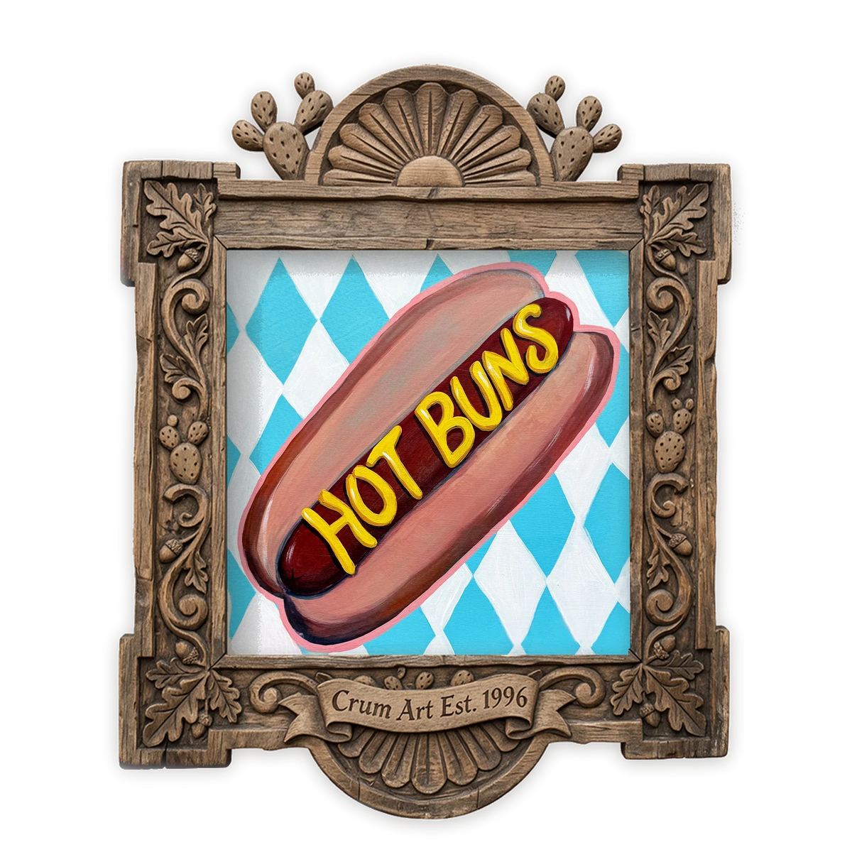 Hot Buns Hot Dog — kitchen art print by Caya Crum in a square carved wood frame