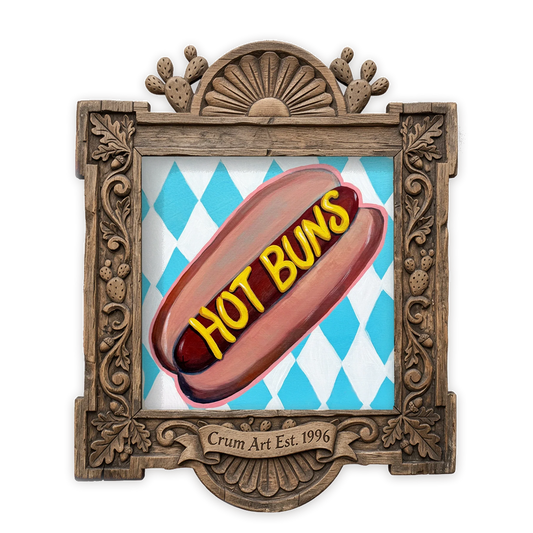 Hot Buns Hot Dog — kitchen art print by Caya Crum in a square carved wood frame
