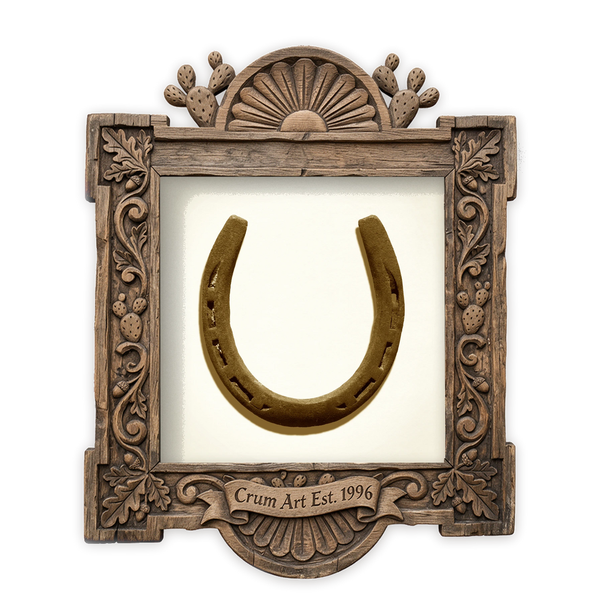 Lucky Horseshoe on White — western art print by Carl Crum in a square carved wood frame