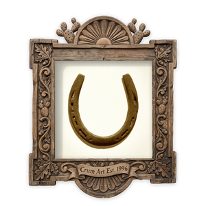 Lucky Horseshoe on White — western art print by Carl Crum in a square carved wood frame