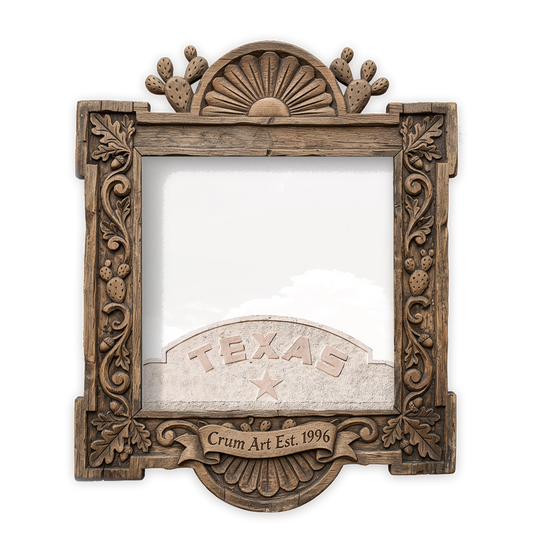 Texas Sign Over the Adobe Wall — Marfa art print by Betsy Crum in a square carved wood frame