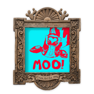 Cow Art | Moo! Cowboy Cow | Caya Crum — Red & Cyan — art print in a carved wood frame, Crum Art