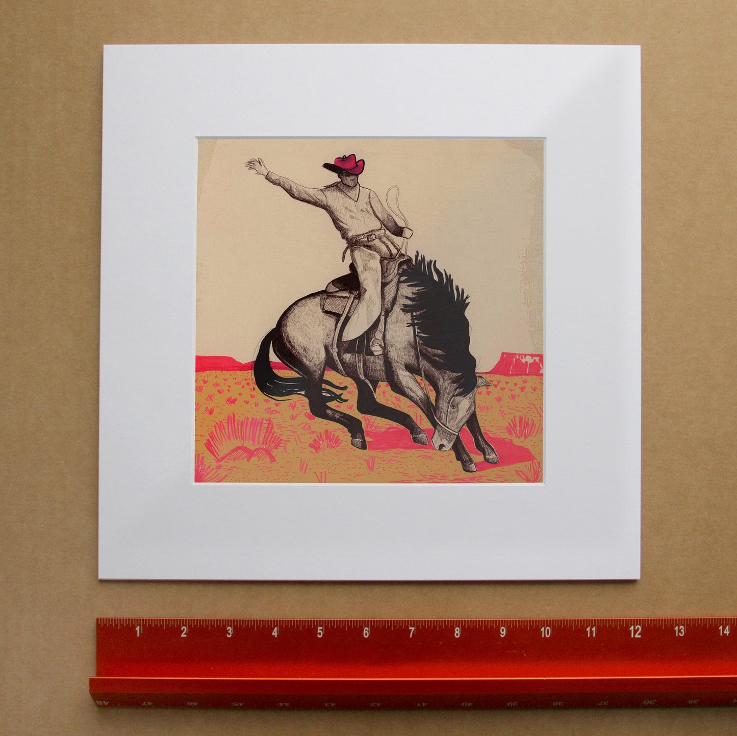 Western Art Prints — Cowboy Bronc Buster Pen & Ink Desert Wall Decor | Caya Crum Art in matted square frame mockup