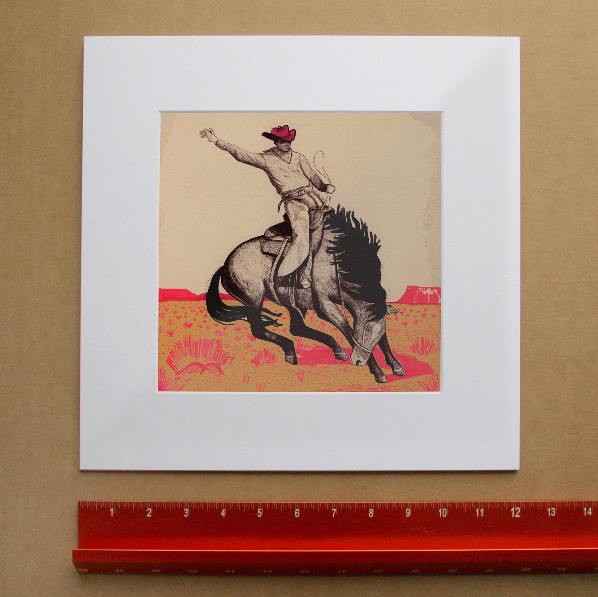 Western Art Prints — Cowboy Bronc Buster Pen & Ink Desert Wall Decor | Caya Crum Art in matted square frame mockup
