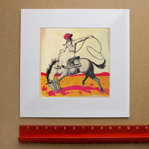 Western Art Prints — Cowgirl Bronc Buster Pen And Ink | Caya Crum in matted square frame mockup