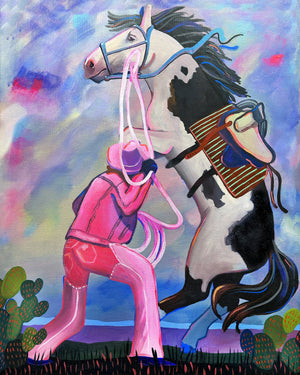 Western Art Prints — Cowgirl Wall Decor Bronc Buster Pink Chaps | Caya Crum Crum Art