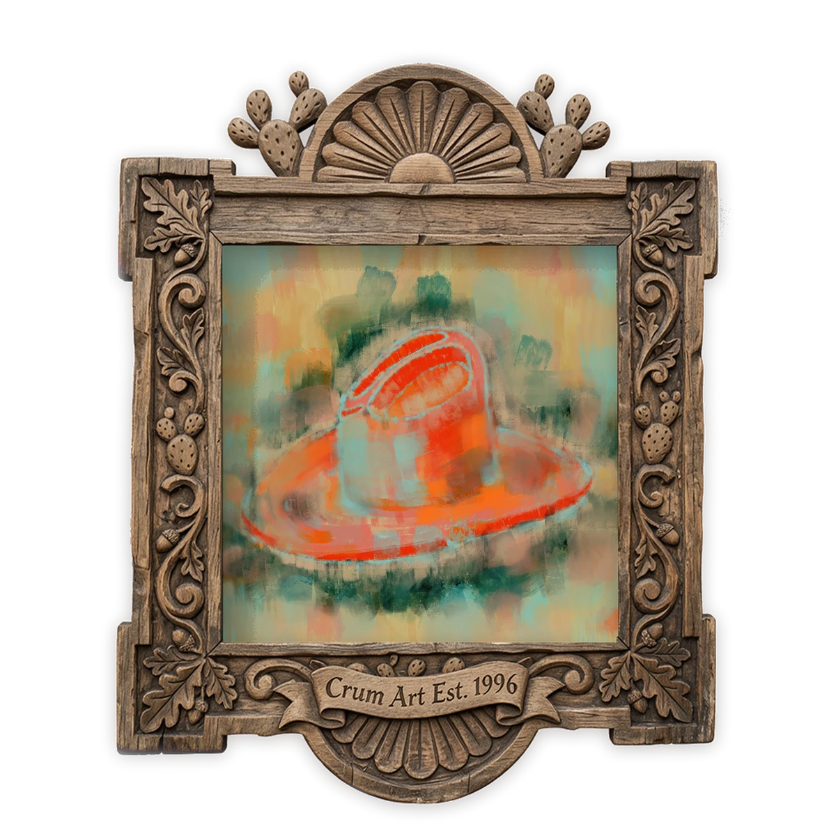 Pastel Cowboy Hat — western art print by Betsy Crum in a square carved wood frame