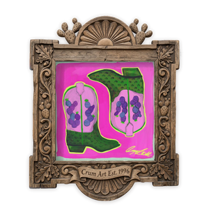 Prickly Pear Cowboy Boots Pink — cactus art print by Caya Crum in a square carved wood frame