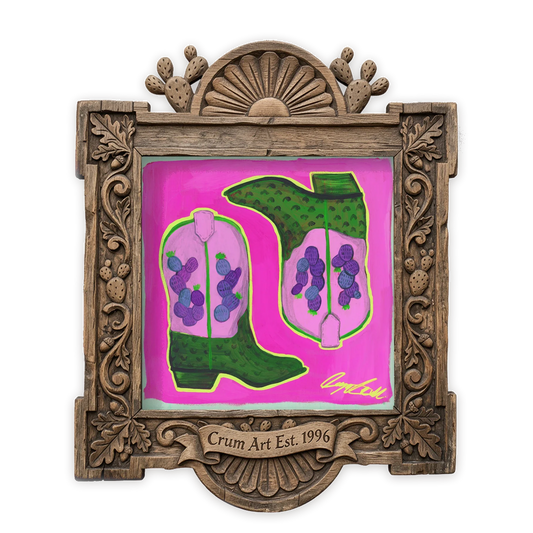 Prickly Pear Cowboy Boots Pink — cactus art print by Caya Crum in a square carved wood frame
