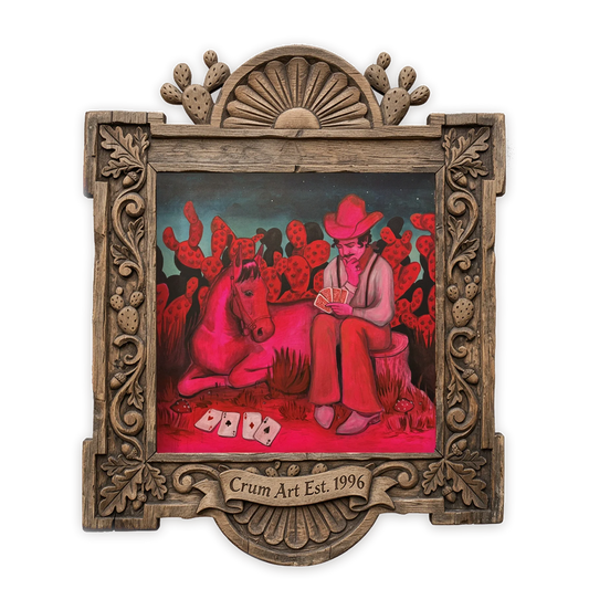 Card Player With Horse Hot Pink — cowboy art print by Caya Crum in a square carved wood frame