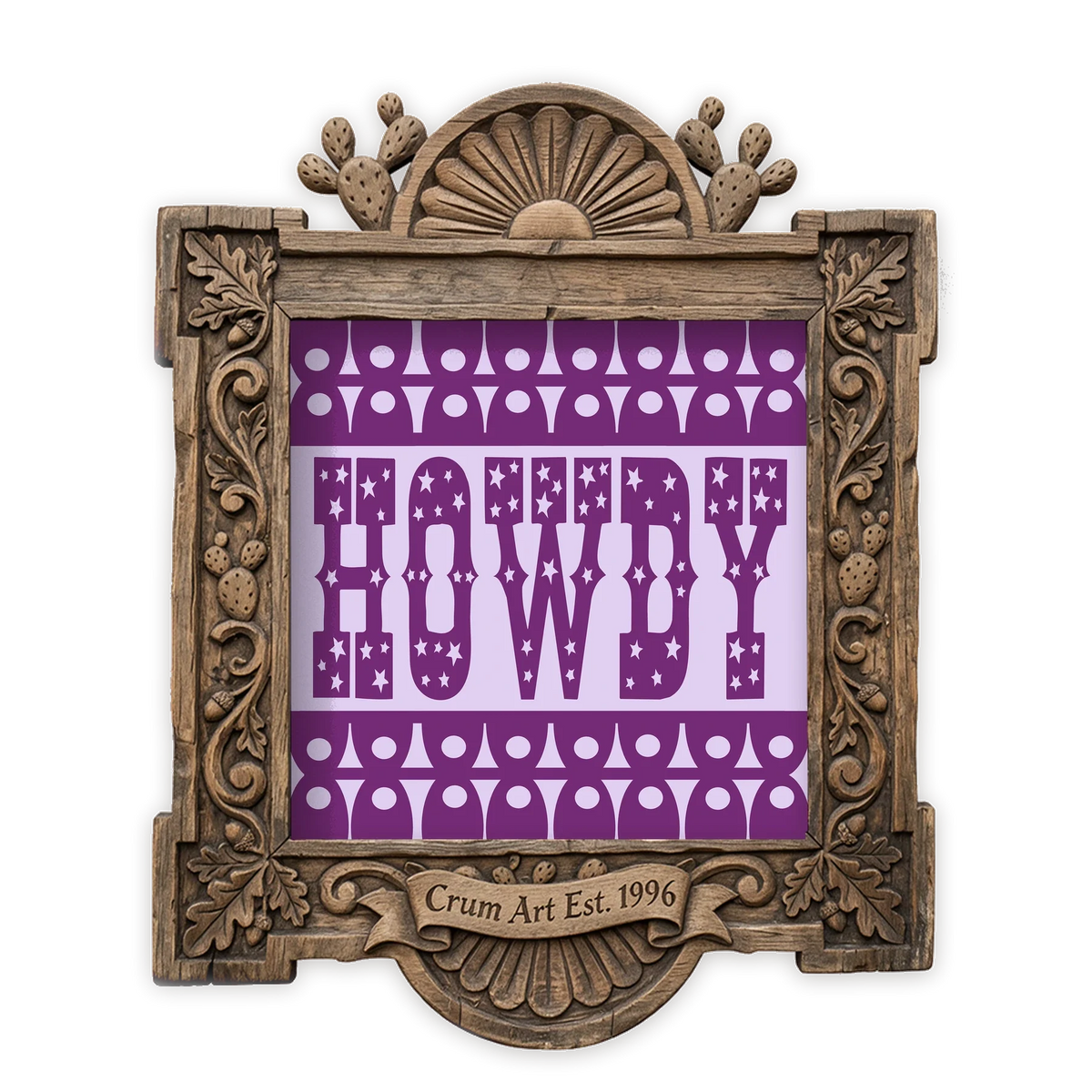 Fort Worth TCU Purple — howdy print by Betsy Crum in a square carved wood frame