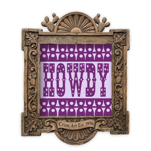 Fort Worth TCU Purple — howdy print by Betsy Crum in a square carved wood frame