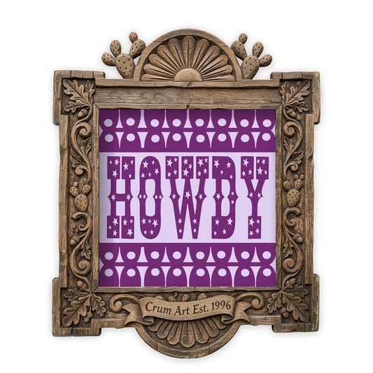 Fort Worth TCU Purple — howdy print by Betsy Crum in a square carved wood frame