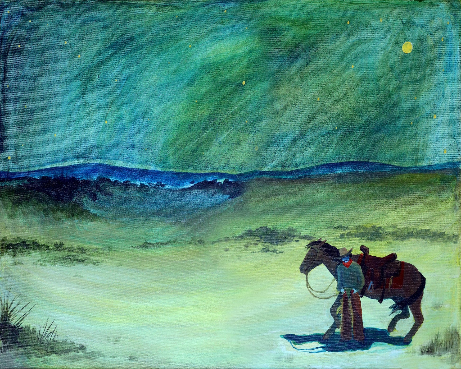 Western Gifts Art and Prints — Night Drive Cowboy Art Print with Horse in the Desert Pop Art | Caya Crum Crum Art
