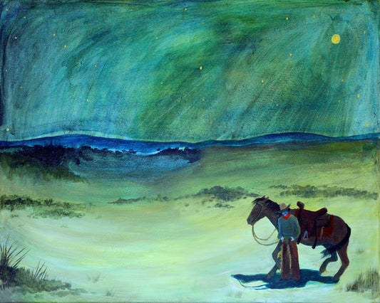 Western Gifts Art and Prints — Night Drive Cowboy with Horse Desert Twilight Pop Art | Caya Crum