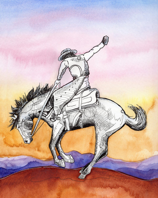 Western Gifts Art and Prints — Sunset Bronc Buster Desert Rodeo Pop Art | Caya Crum