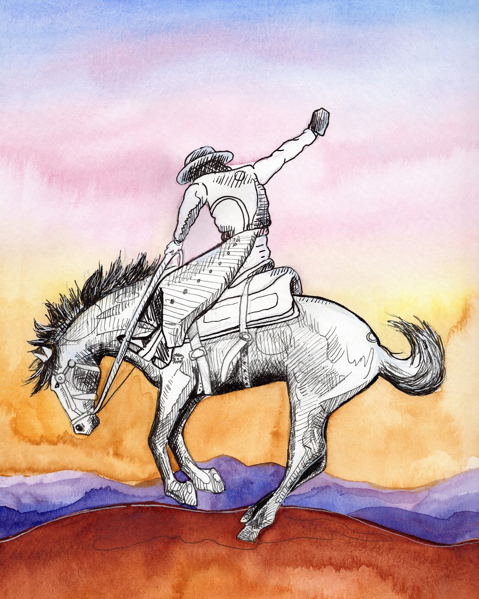 Western Gifts Art and Prints — Sunset Bronc Buster Wall Decor | Desert Rodeo Pop Art | Caya Crum Art Crum Art