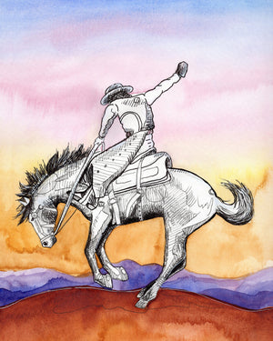 Western Gifts Art and Prints — Sunset Bronc Buster Wall Decor | Desert Rodeo Pop Art | Caya Crum Art Crum Art