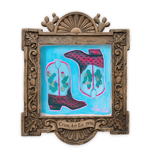 Prickly Pear Cowboy Boots Blue — cactus art print by Caya Crum in a square carved wood frame