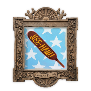 State Fair Corn Dog — Texas art print by Caya Crum in a square carved wood frame