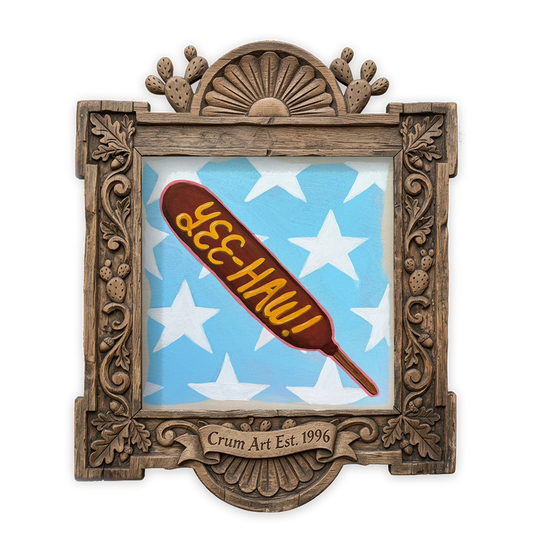 State Fair Corn Dog — Texas art print by Caya Crum in a square carved wood frame