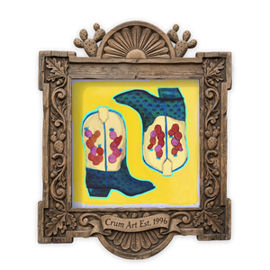Prickly Pear Cowboy Boots Yellow — cactus art print by Caya Crum in a square carved wood frame