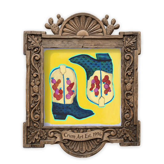 Prickly Pear Cowboy Boots Yellow — cactus art print by Caya Crum in a square carved wood frame
