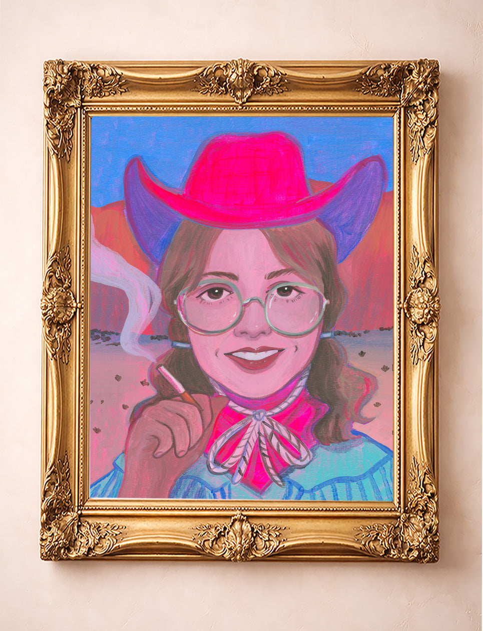 Smoking Cowgirl Dolly shown framed by Crum Art