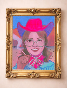 Hanna rodeo queen smoking cowgirl print by Caya Crum in a gold frame
