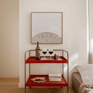Marfa Texas sign art print by Betsy Crum framed in a styled room