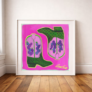 Cactus Art Print – Prickly Pear Cowboy Boots Pink Western Wall Art | Caya Crum