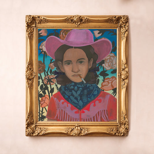 Western Art Prints — Baddie Mattie Smoking Cowgirl Print Renaissance Sunset | Caya Crum