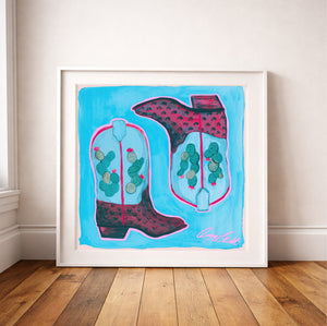 Cactus Art Print – Prickly Pear Cowboy Boots Blue Western Wall Art | Caya Crum