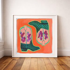 Cactus Art Print – Prickly Pear Cowboy Boots Orange Western Wall Art | Caya Crum