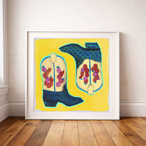 Cactus Art Print – Prickly Pear Cowboy Boots Yellow Western Wall Art | Caya Crum
