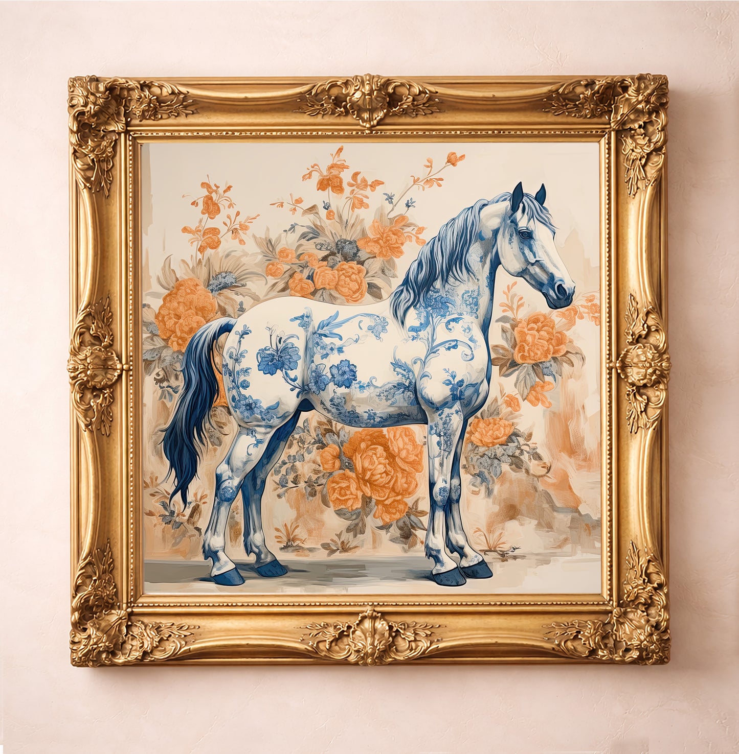 Western Art Chinoiserie Blue and White Full Horse Art Print by Crum Art.  Chinoiserie Blue and White Full Horse Art Print, a matted archival art print in a gold frame inspired by traditional chinoiserie, soft florals, and refined western elegance, available at crumart.com. This museum quality print is made right here in Texas.