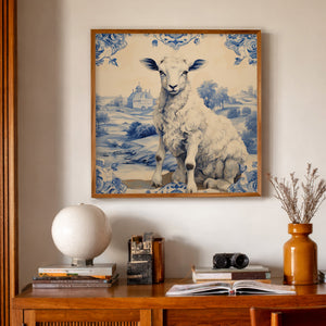 Western Art Chinoiserie Blue and White Lamb Art Print, a matted archival art print inspired by blue-and-white porcelain, midcentury style, and the polished warmth of a ranch home office, available at crumart.com. This museum quality print is made right here in Texas.