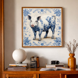 Western Art Gift - Chinoiserie Blue and White Pig Art Print, a matted archival art print inspired by blue-and-white porcelain, midcentury style, and the polished charm of a ranch office with a sense of humor, available at crumart.com. This museum quality print is made right here in Texas.