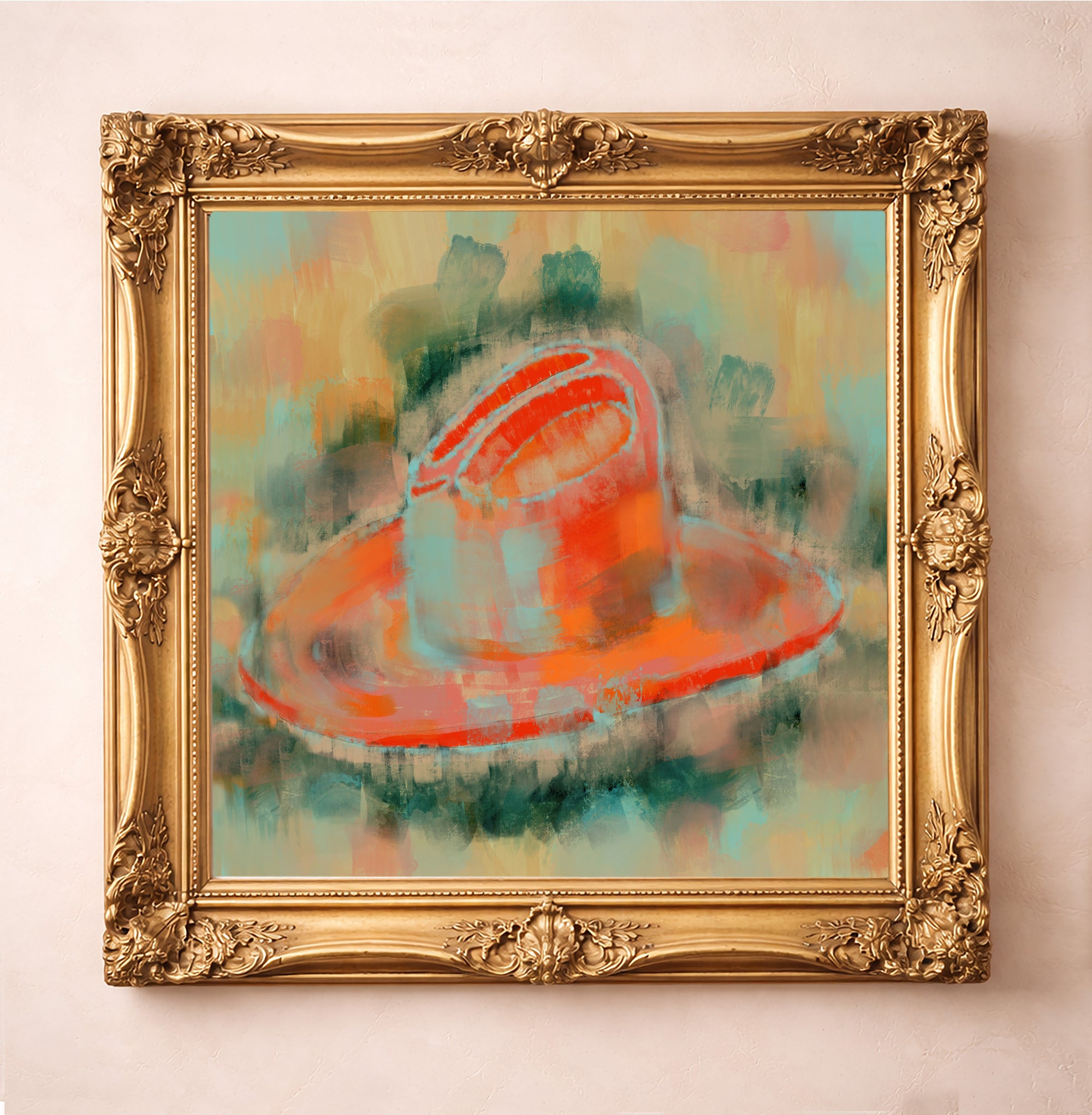 Pastel cowboy hat western art print by Betsy Crum in a gold frame, impressionist cowboy hat painting