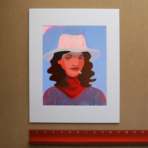 Western art print of Mildred a Boho Cowgirl.  This fine art print by Caya Crum, is a matted portrait in a folk art Western  style.
