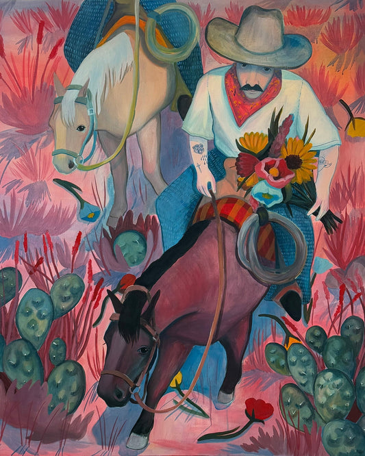 Overhead view of cowboy holding wildflowers near cactus — Western pop art print by Caya Crum.
