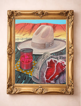 Stetson, Steak and Dr Pepper western still life print by Caya Crum in an ornate gold frame